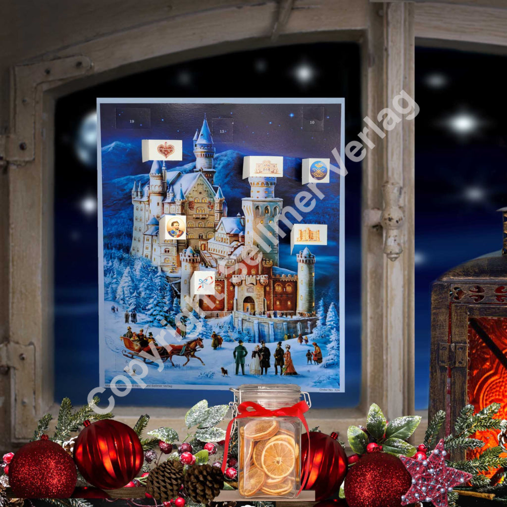 Adventskalender Schloss Neuschwanstein am Fenster hängend