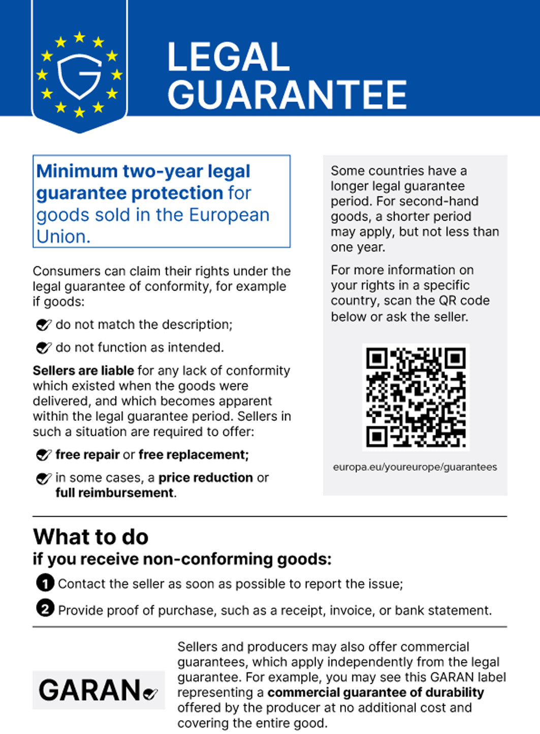 EU notice on the minimum two-year legal guarantee for goods sold in the European Union.