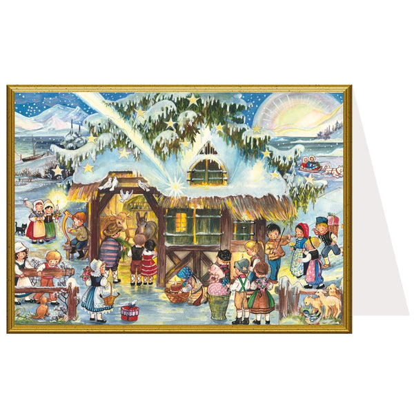 Weihnachtskarte "Buntes Treiben am Stall" - Sellmer Adventskalender