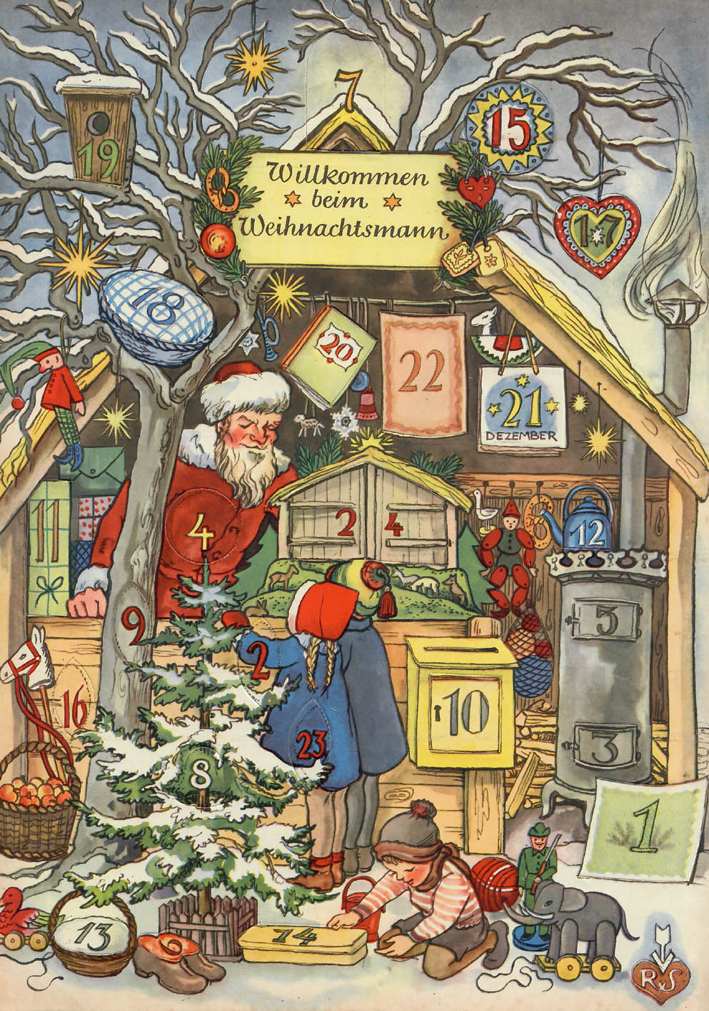 alter Adventskalender mit Weihnachtsmann