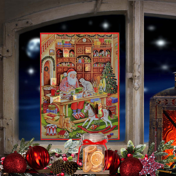 Adventskalender Weihnachtsmann Werkstatt am Fenster hängend